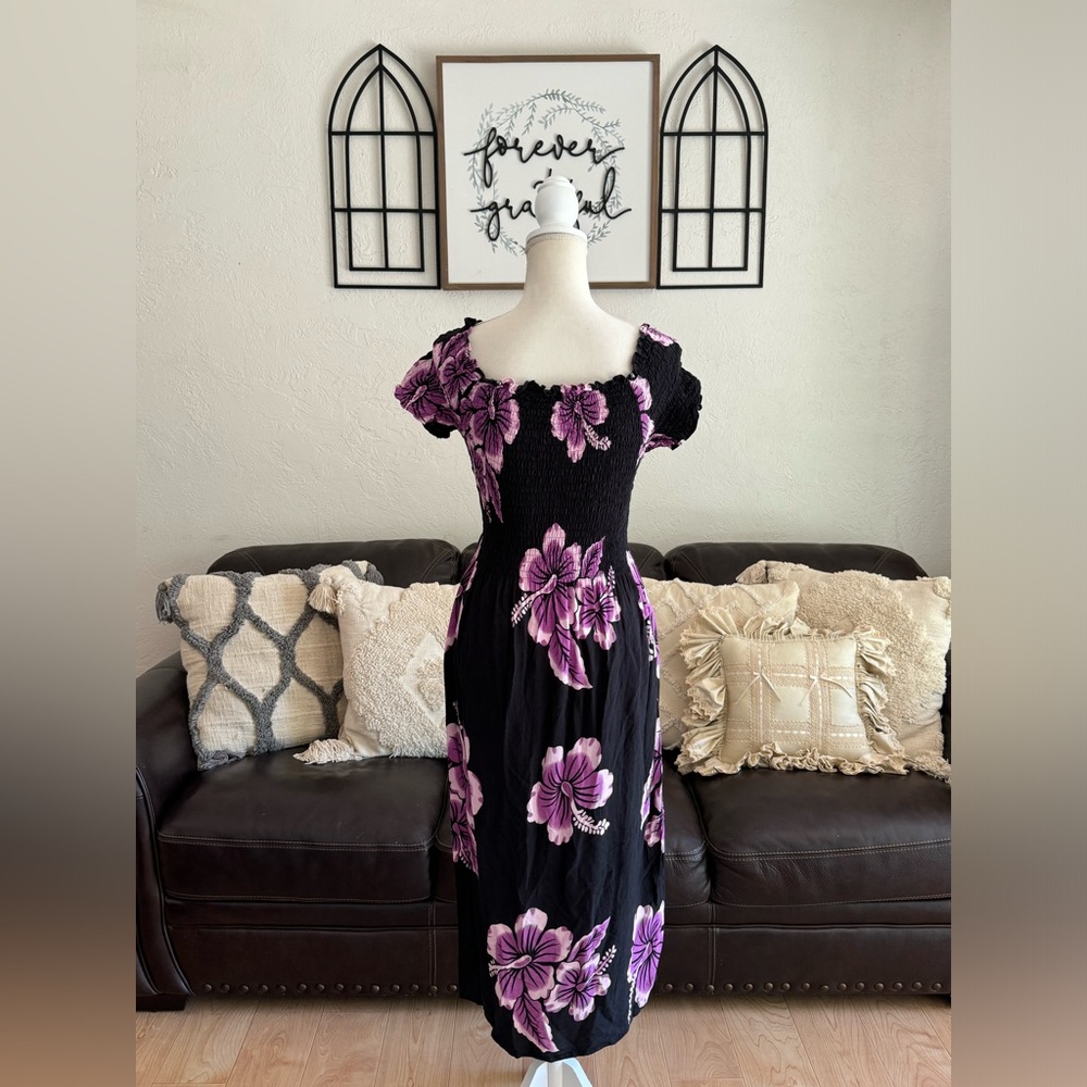 Hawaii Aloha Floral Print Midi Dress Ruched Bodice Beach Summer One Size Retro - Picture 4 of 10